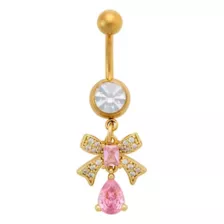 CZ Goldtone Titanium Pink Bow Teardrop Dangle Belly Ring - 14 Gauge at Spencer's