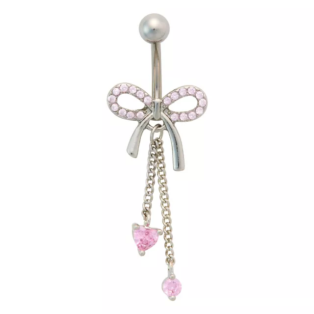 CZ Titanium Pink Bow Chain Dangle Belly Ring - 14 Gauge