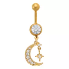 CZ Goldtone Titanium Moon Star Dangle Belly Ring - 14 Gauge at Spencer's