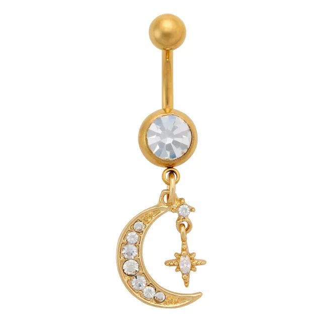 CZ Goldtone Titanium Moon Star Dangle Belly Ring - 14 Gauge at Spencer's
