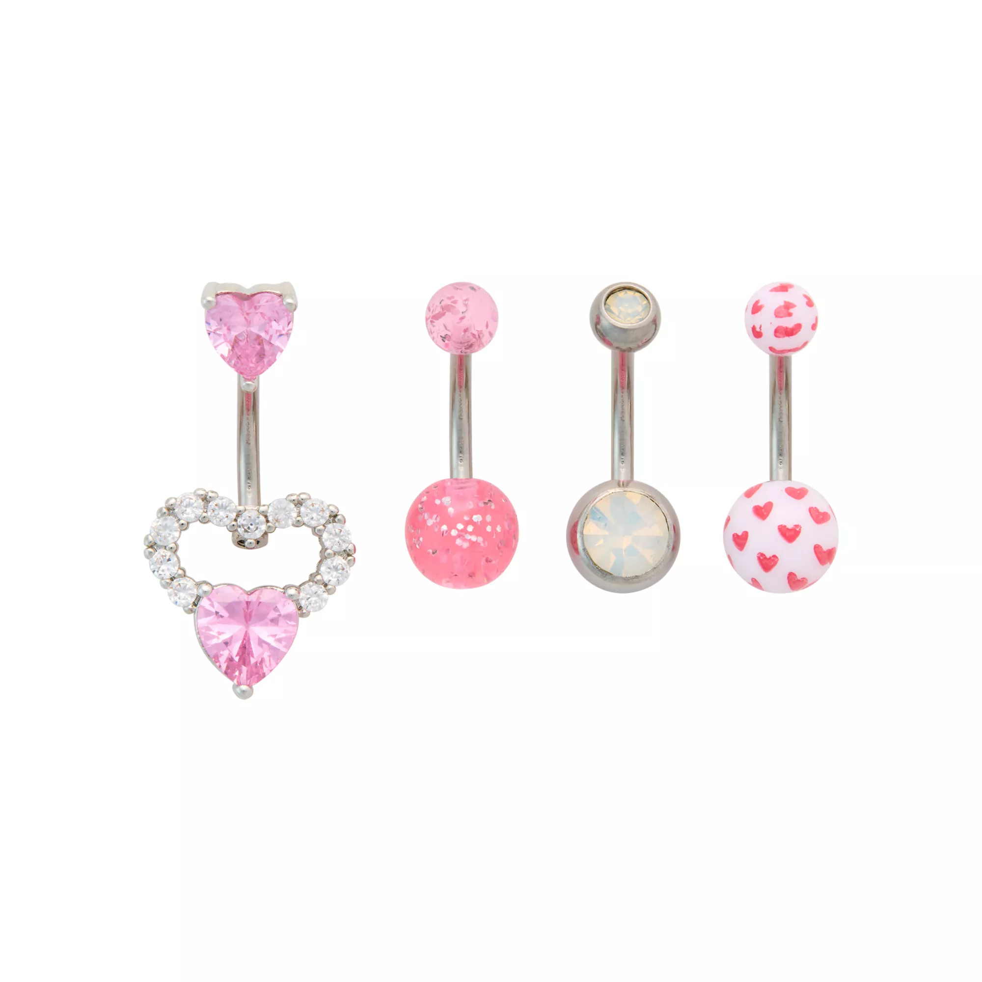 Multi-Pack Iridescent Pink CZ Heart Silver-Tone Belly Rings 4 Pack - 14 Gauge at Spencer's
