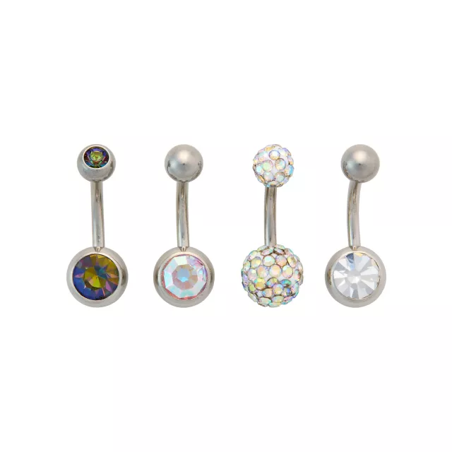 Multi-Pack CZ Aurora Borealis-Effect Pave Titanium Belly Rings 4 Pack - 14 Gauge at Spencer's