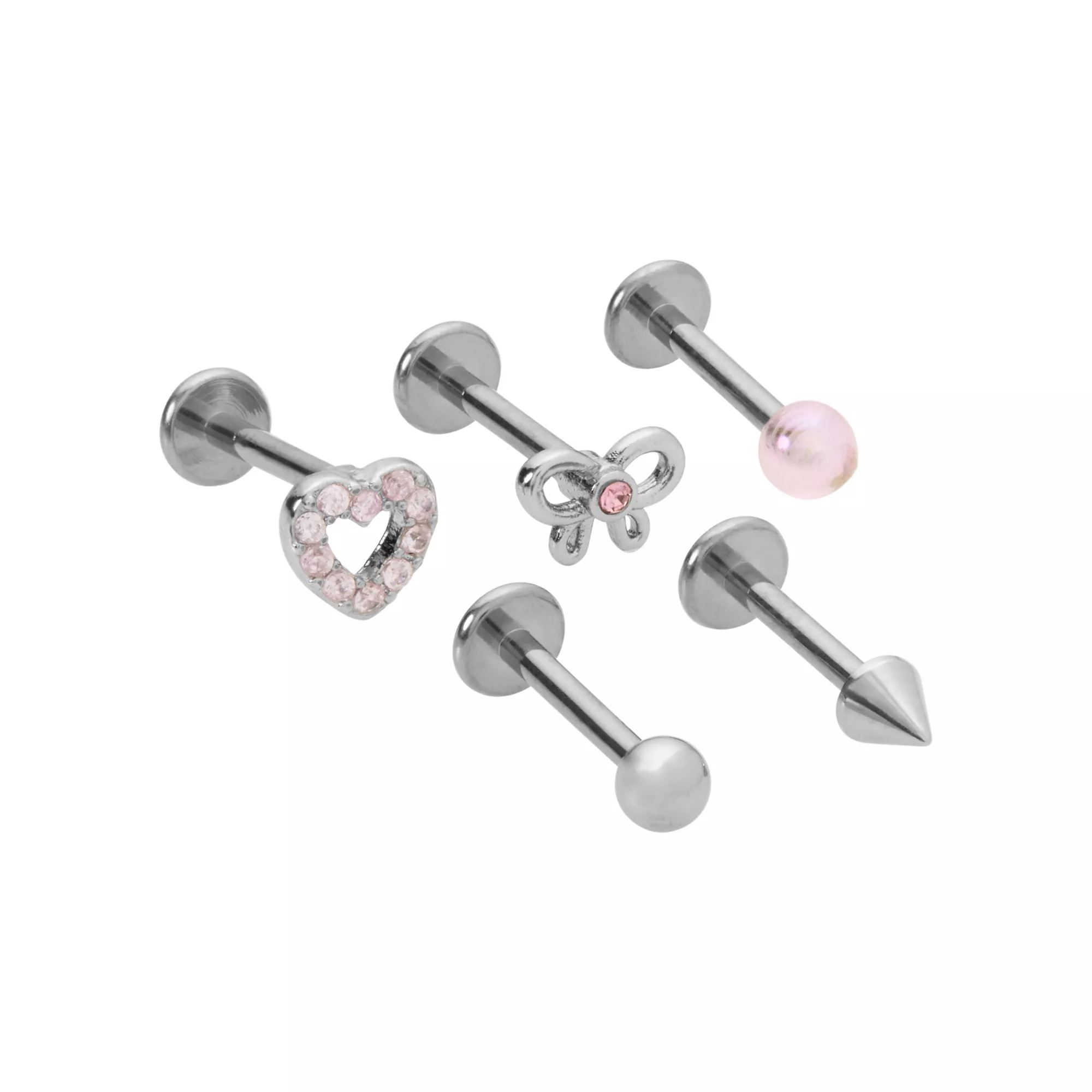 Multi-Pack CZ Pink Titanium Heart Butterfly Labret Lip Rings 5 Pack - 16 Gauge