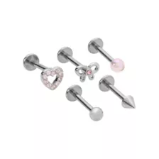 Multi-Pack CZ Pink Titanium Heart Butterfly Labret Lip Rings 5 Pack - 16 Gauge