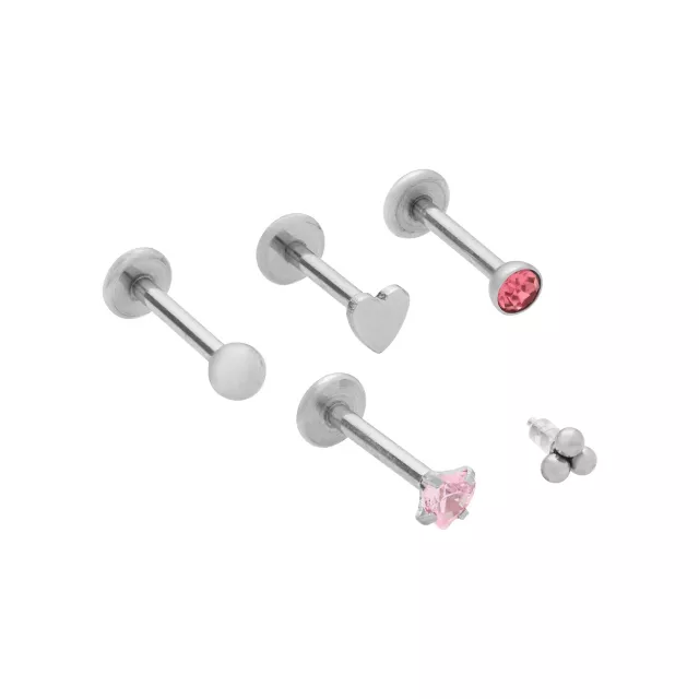 Multi-Pack CZ Pink Heart Labret Lip Rings 5 Pack - 16 Gauge at Spencer's