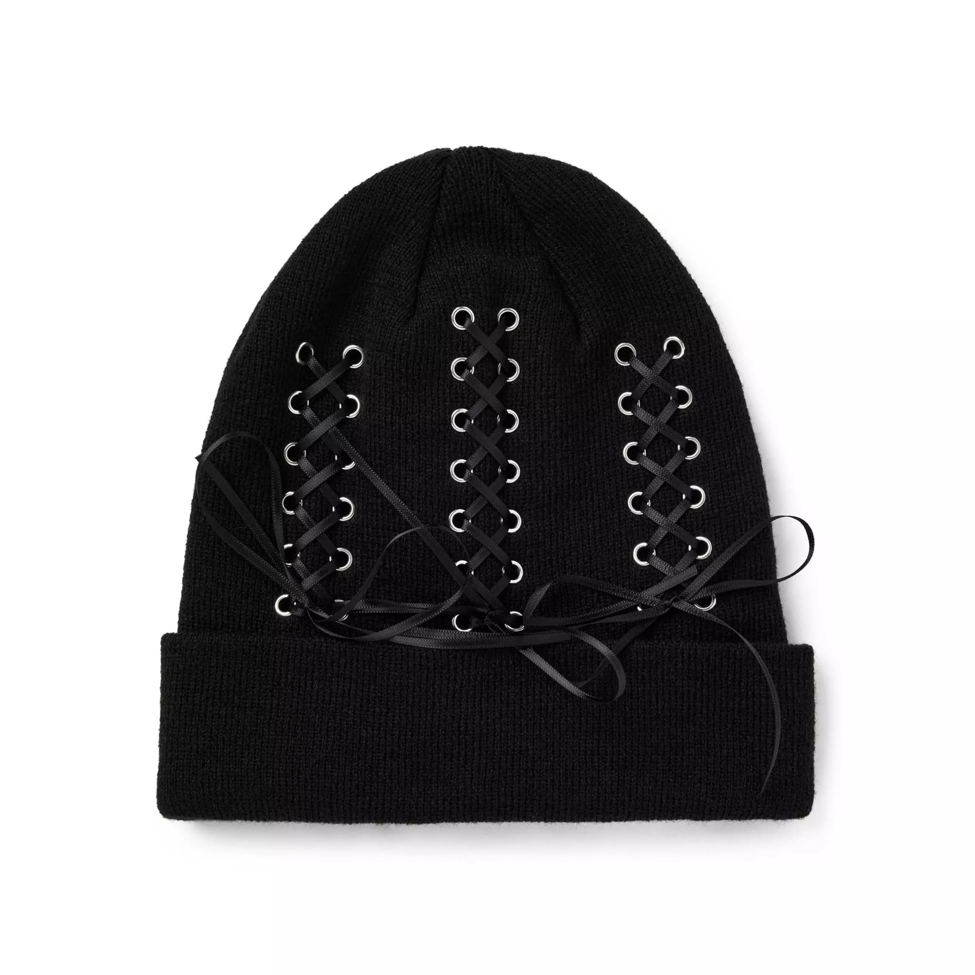 Black Lace-Up Cuff Beanie Hat at Spencer's