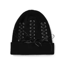 Black Lace-Up Cuff Beanie Hat at Spencer's