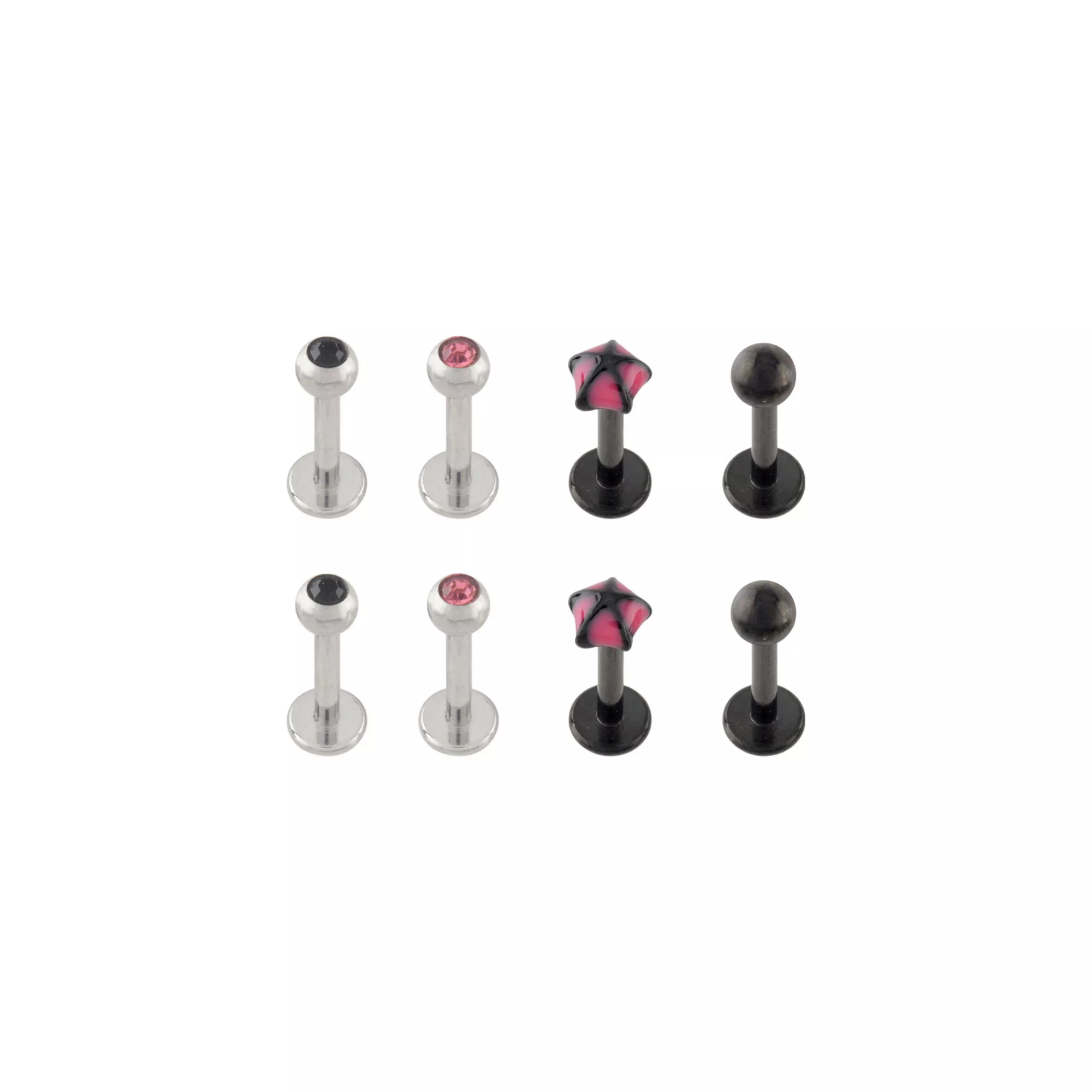 Multi-Pack Black and Pink Star Labret Pins 8 Pack - 16 Gauge