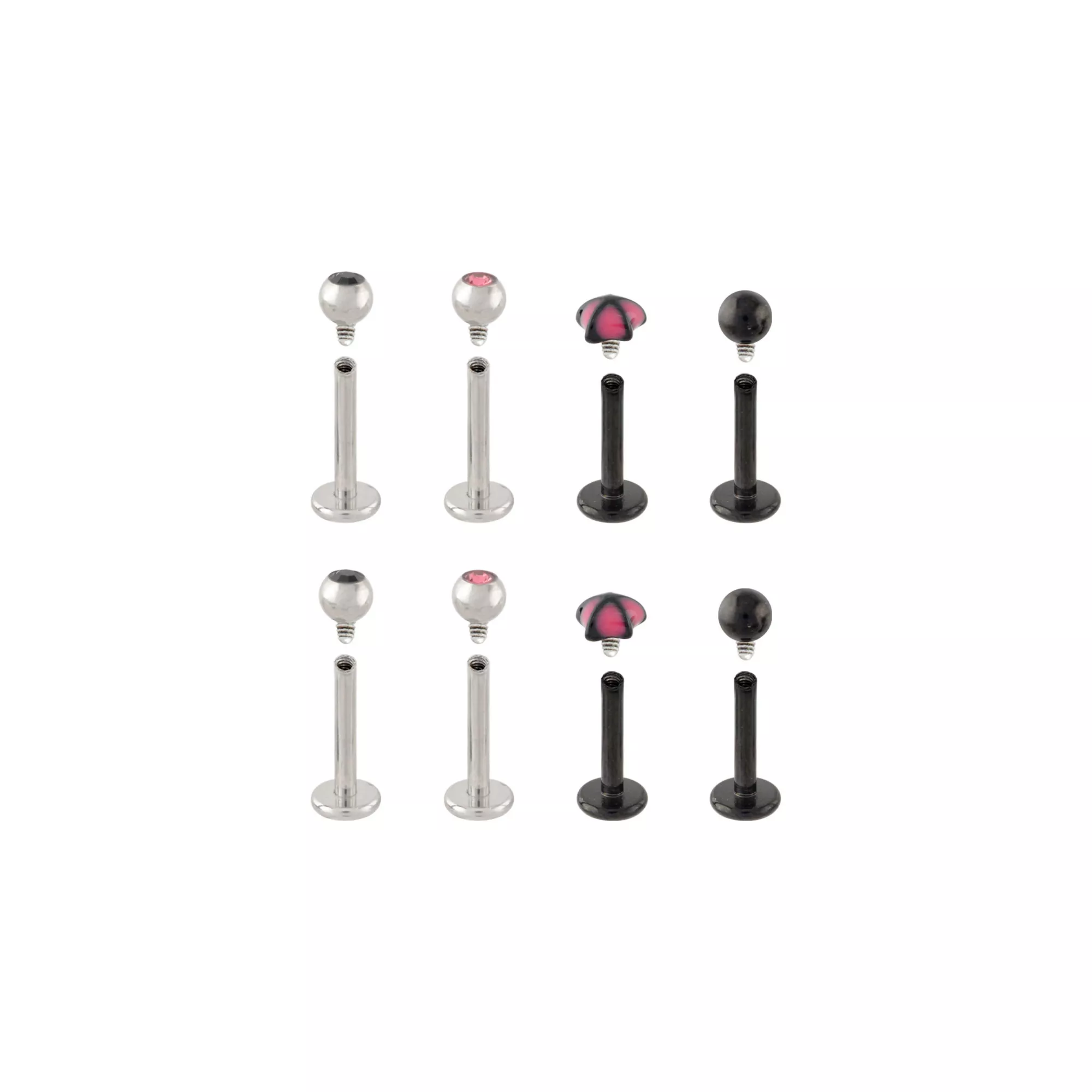 Multi-Pack Black and Pink Star Labret Pins 8 Pack - 16 Gauge