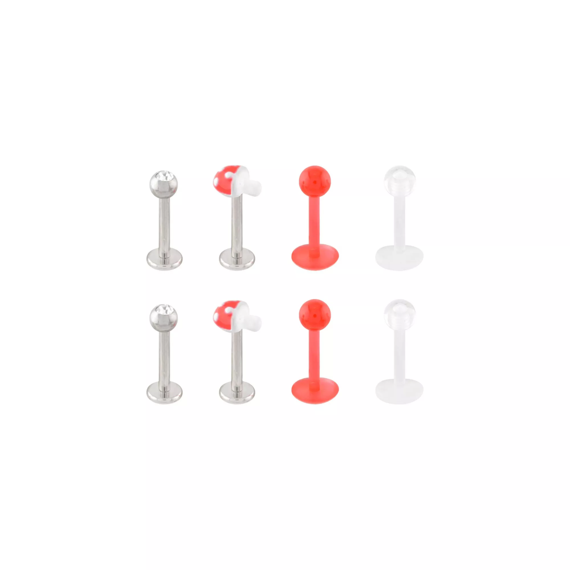 Multi-Pack Titanium and Acrylic Red and White Mushroom Labret Pins 8 Pack - 16 Gauge at Spencer's