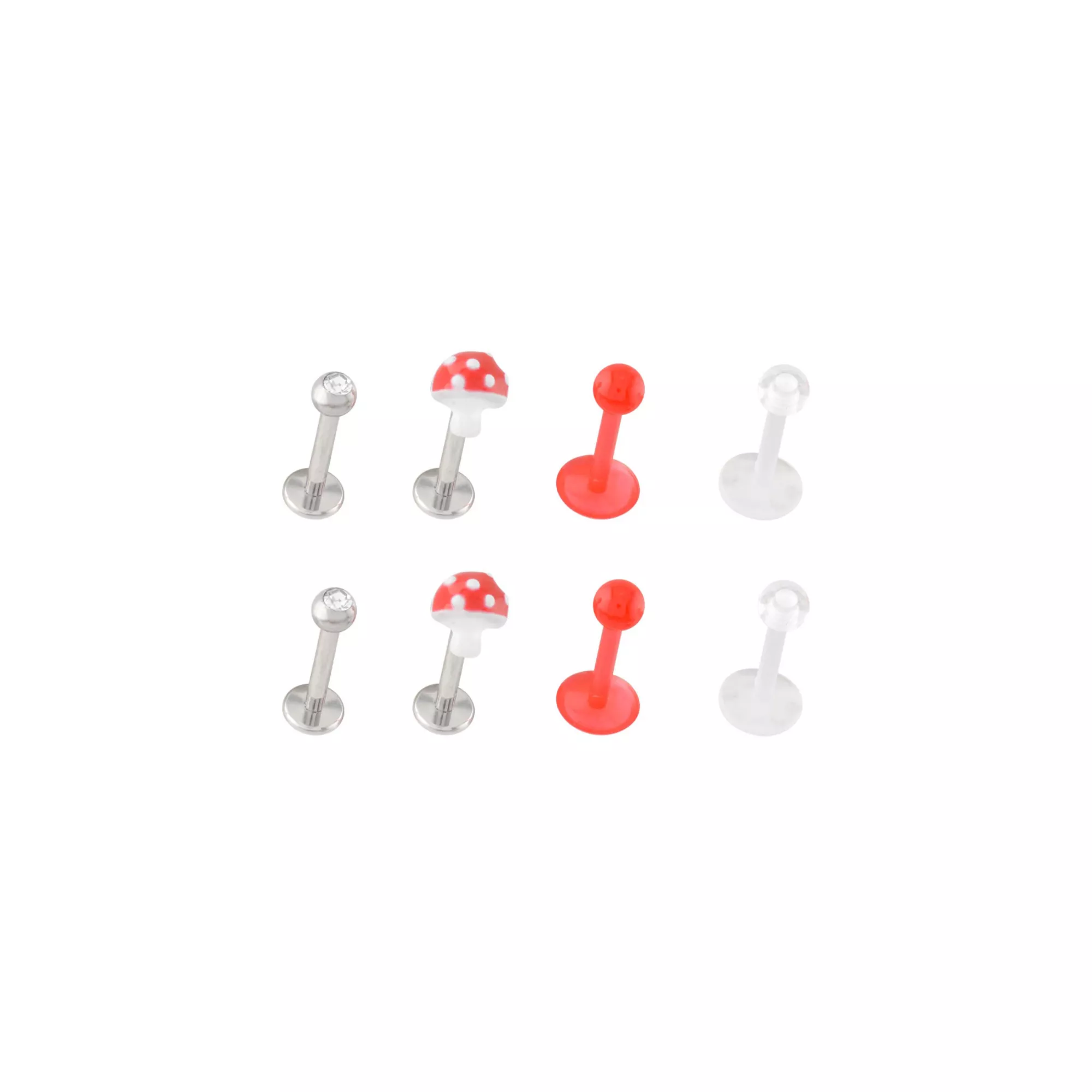 Multi-Pack Titanium and Acrylic Red and White Mushroom Labret Pins 8 Pack - 16 Gauge at Spencer's