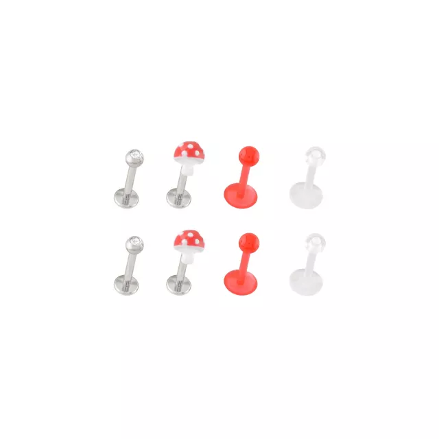 Multi-Pack Titanium and Acrylic Red and White Mushroom Labret Pins 8 Pack - 16 Gauge at Spencer's