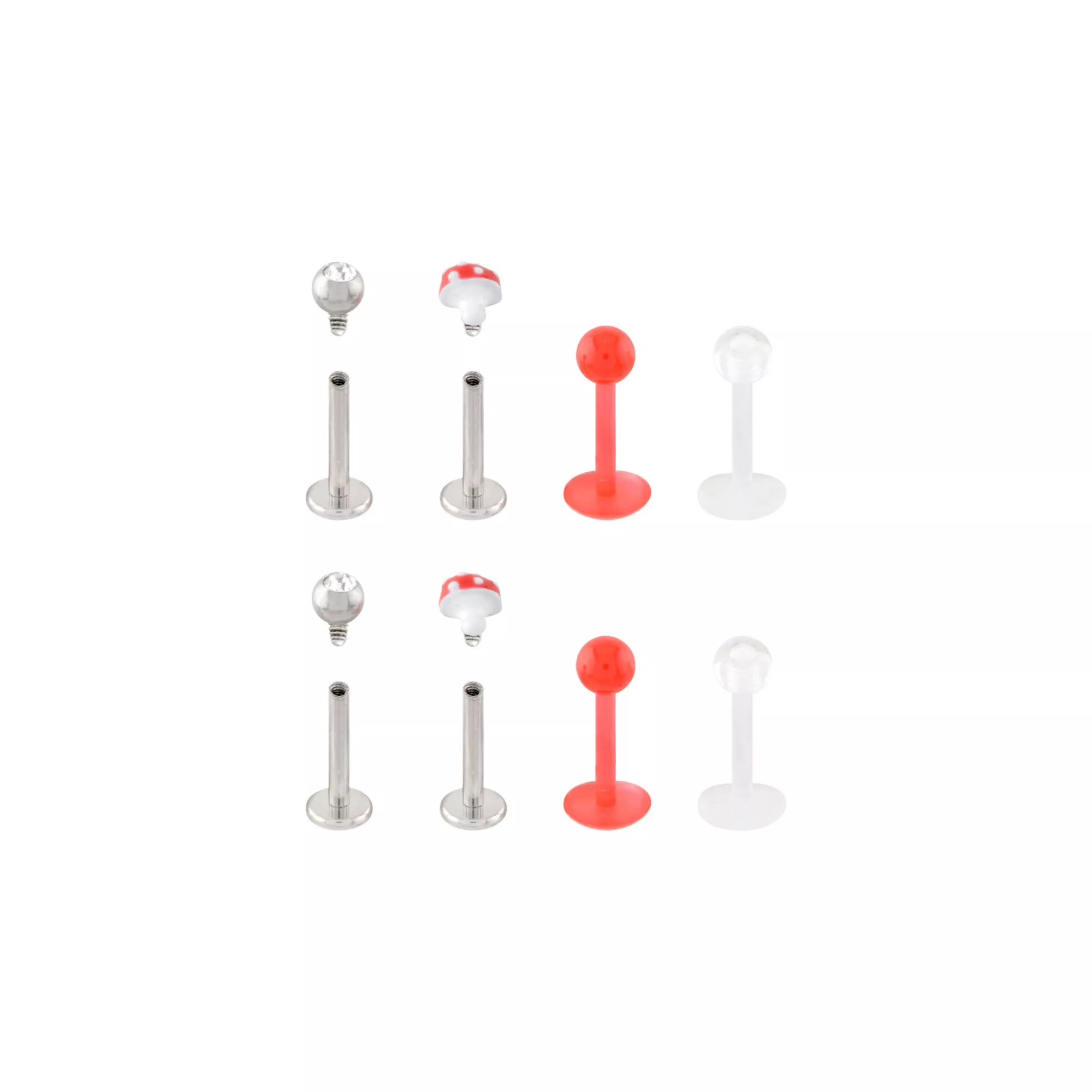 Multi-Pack Titanium and Acrylic Red and White Mushroom Labret Pins 8 Pack - 16 Gauge at Spencer's