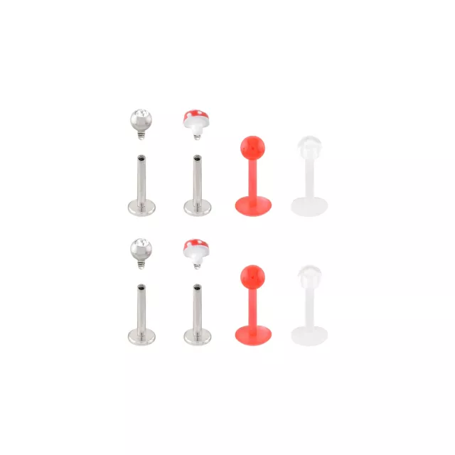 Multi-Pack Titanium and Acrylic Red and White Mushroom Labret Pins 8 Pack - 16 Gauge at Spencer's