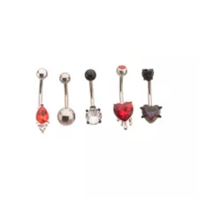 Multi-Pack Red and Black CZ Heart Belly Rings 5 Pack - 14 Gauge at Spencer's