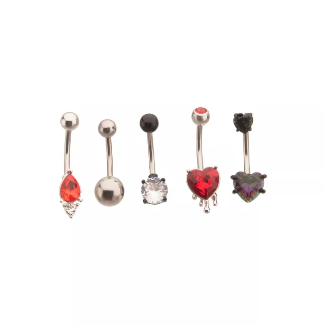 Multi-Pack Red and Black CZ Heart Belly Rings 5 Pack - 14 Gauge at Spencer's