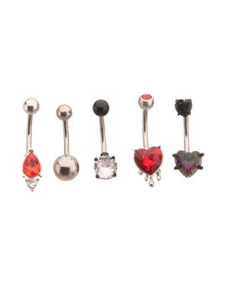 Multi-Pack Red and Black CZ Heart Belly Rings 5 Pack - 14 Gauge