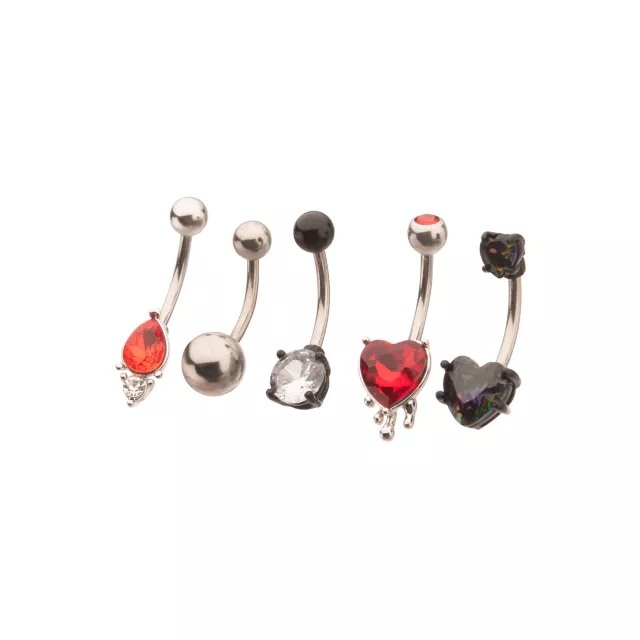 Multi-Pack Red and Black CZ Heart Belly Rings 5 Pack - 14 Gauge at Spencer's