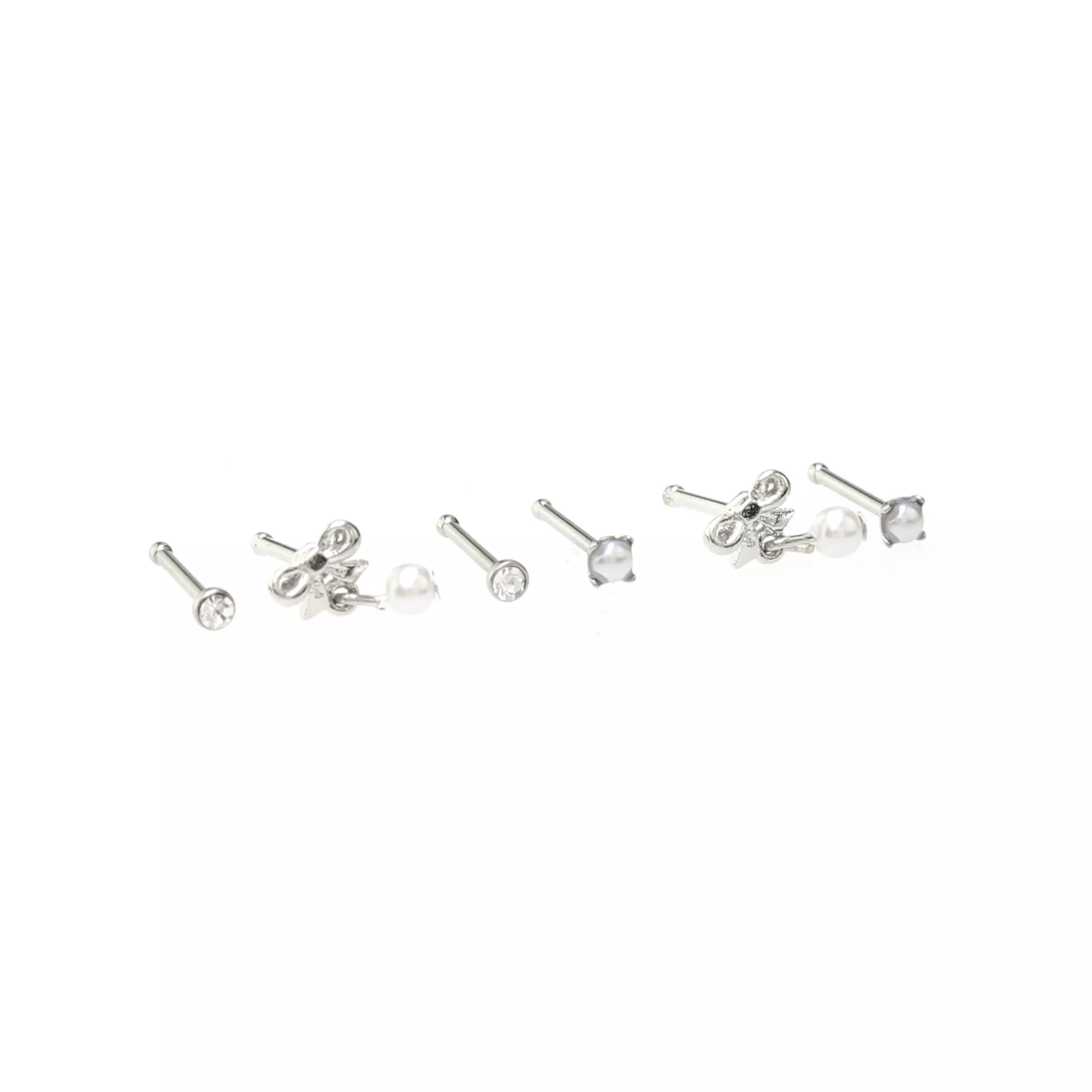 Multi-Pack Silvertone Pearl Effect Pin Nose Rings 6 Pack - 20 Gauge at Spencer's