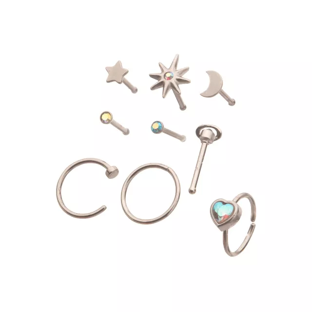 Multi-Pack Celestial CZ Nose Pins and Hoops 9 Pack - 20 Gauge at Spencer's
