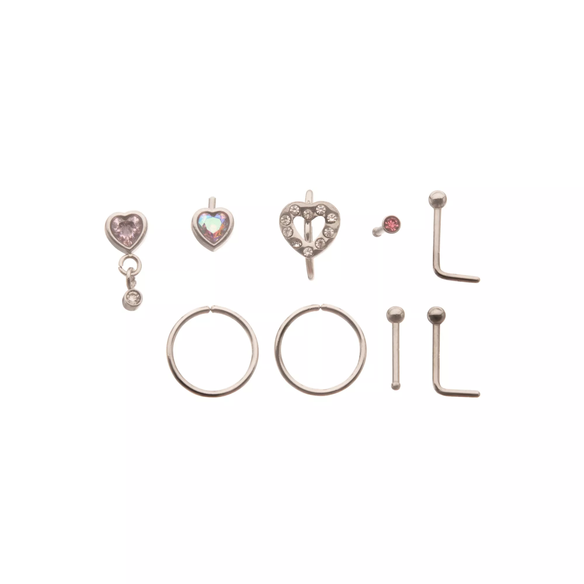 Multi-Pack Pink CZ Heart Nose Pins and Hoops 9 Pack - 20 Gauge at Spencer's