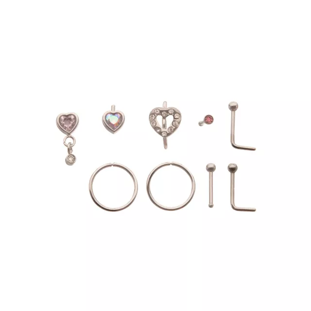 Multi-Pack Pink CZ Heart Nose Pins and Hoops 9 Pack - 20 Gauge at Spencer's