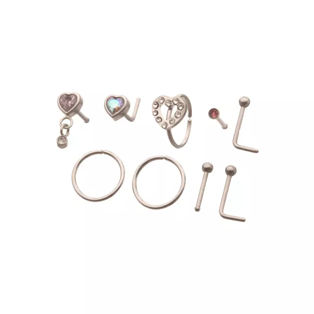 Multi-Pack Pink CZ Heart Nose Pins and Hoops 9 Pack - 20 Gauge at Spencer's