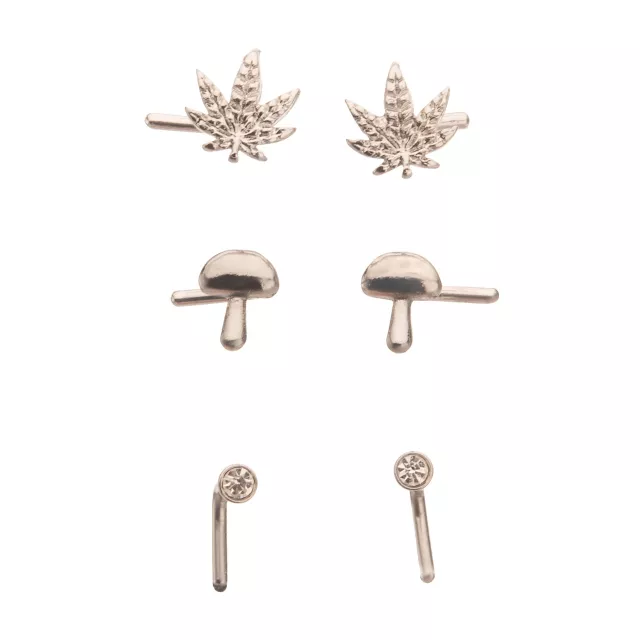 Multi-Pack Silver CZ Mushroom and Leaf L-Bend Nose Pins 3 Pair - 20 Gauge at Spencer's