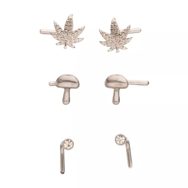 Multi-Pack Silver CZ Mushroom and Leaf L-Bend Nose Pins 3 Pair - 20 Gauge at Spencer's