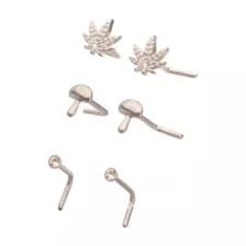 Multi-Pack Silver CZ Mushroom and Leaf L-Bend Nose Pins 3 Pair - 20 Gauge at Spencer's