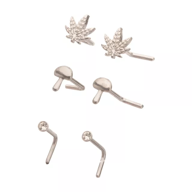 Multi-Pack Silver CZ Mushroom and Leaf L-Bend Nose Pins 3 Pair - 20 Gauge at Spencer's