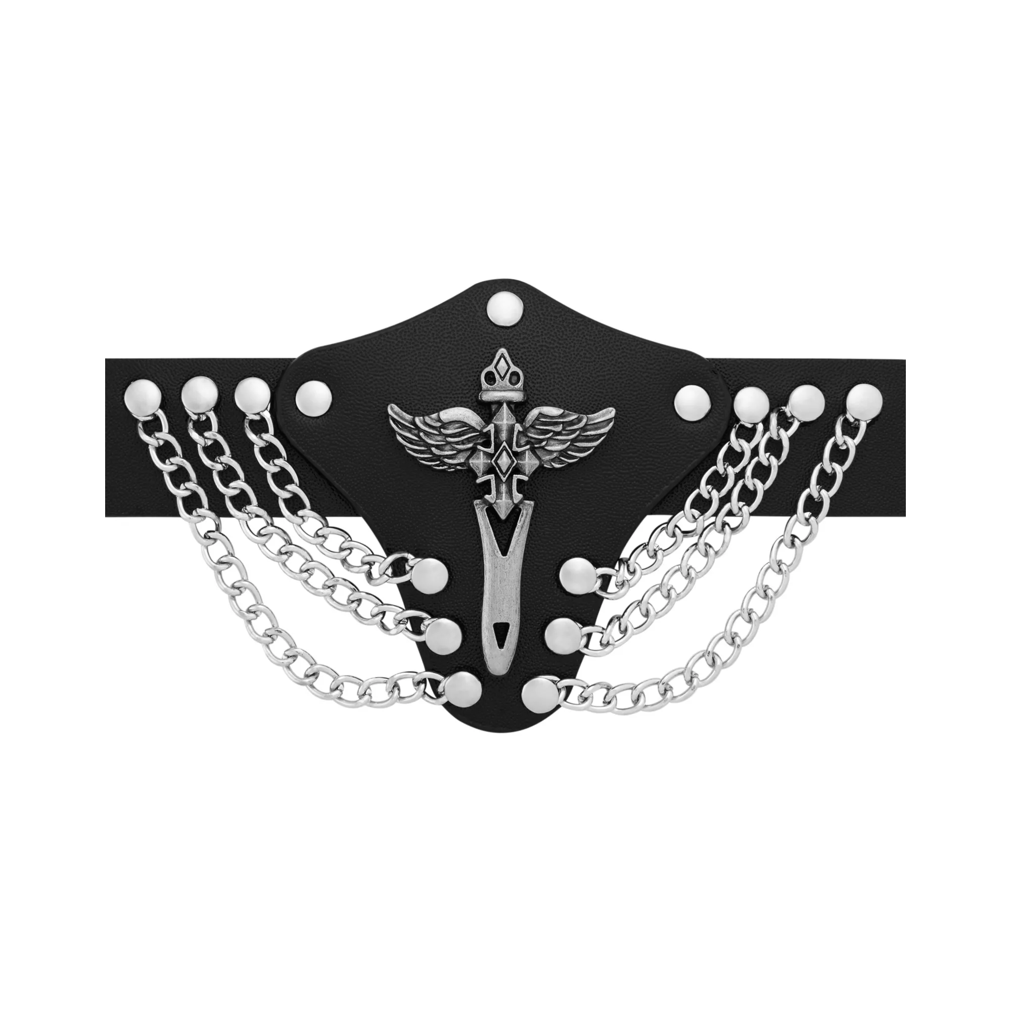 Black and Silvertone Winged Triple Chain Cuff Bracelet