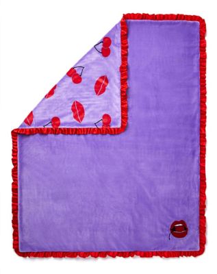 Purple Cherry Kiss Print Reversible Ruffle Fleece Blanket
