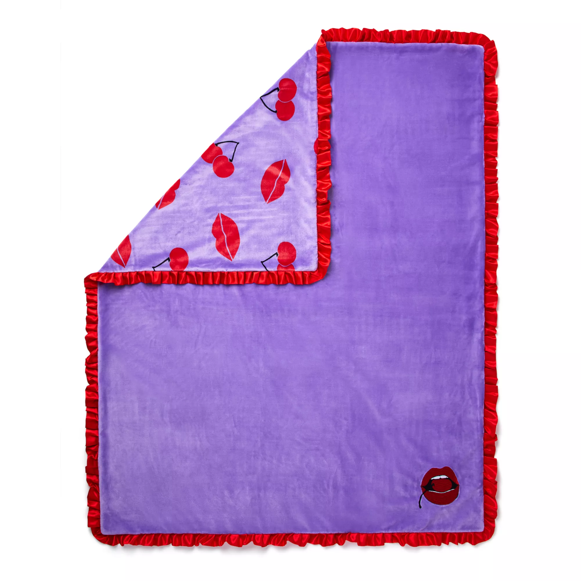 Purple Cherry Kiss Print Reversible Ruffle Fleece Blanket