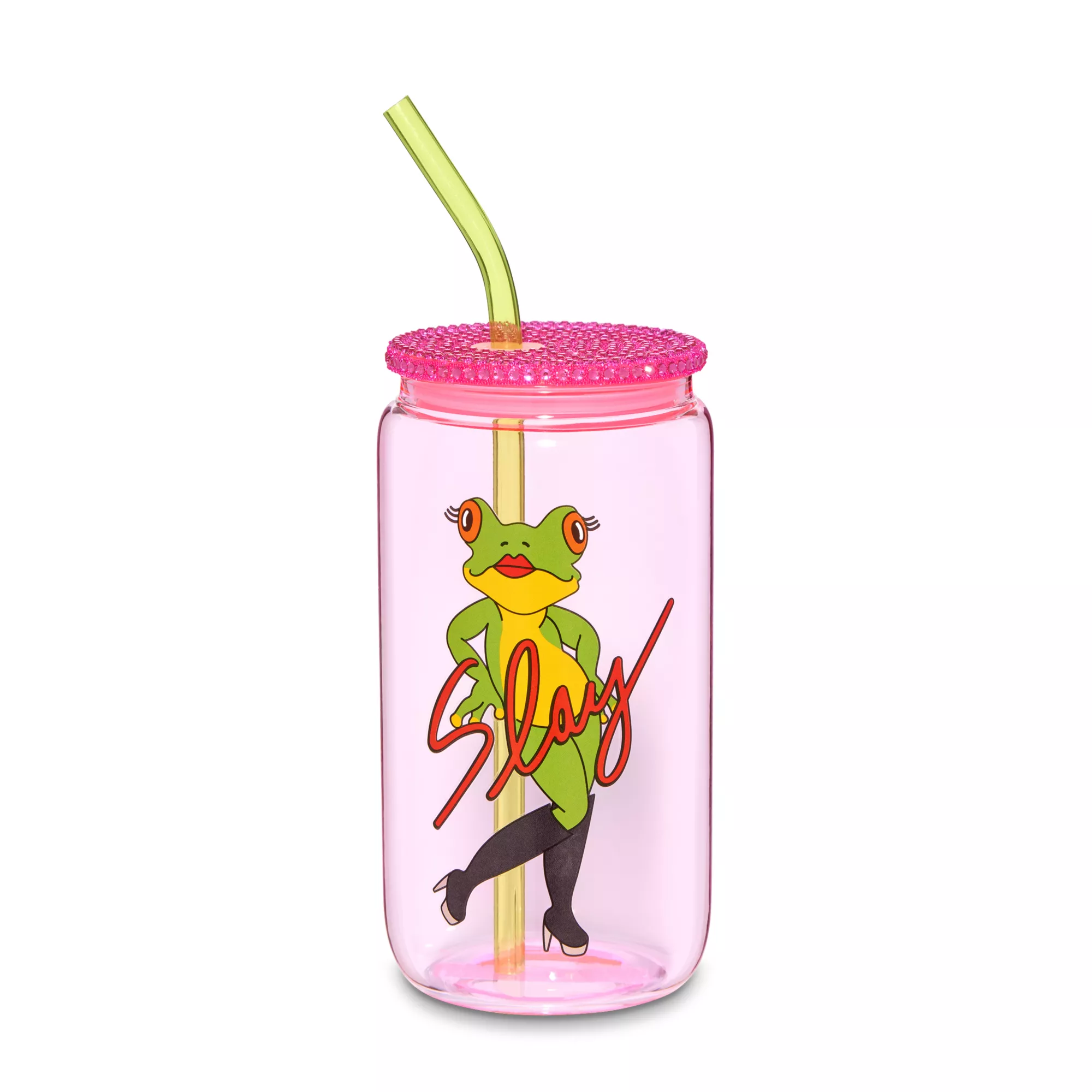 Slay Frog Rhinestone Glass Cup with Straw - 16 oz. at Spencer's