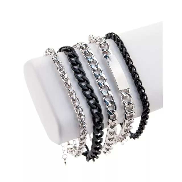 Multi-Pack Black and Silvertone Curb Chain Bracelets - 5 Pack at Spencer's