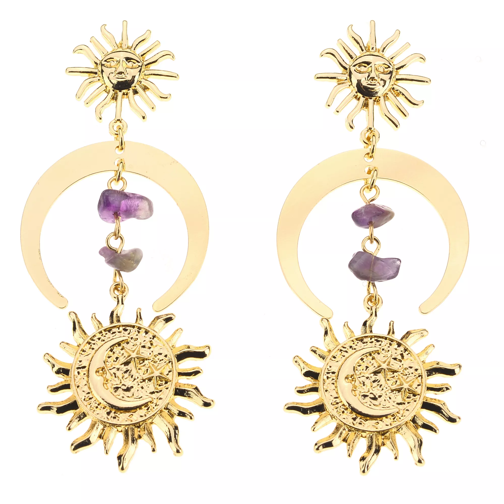 Gold and Amethyst-Effect Celestial Dangle Earrings at Spencer's