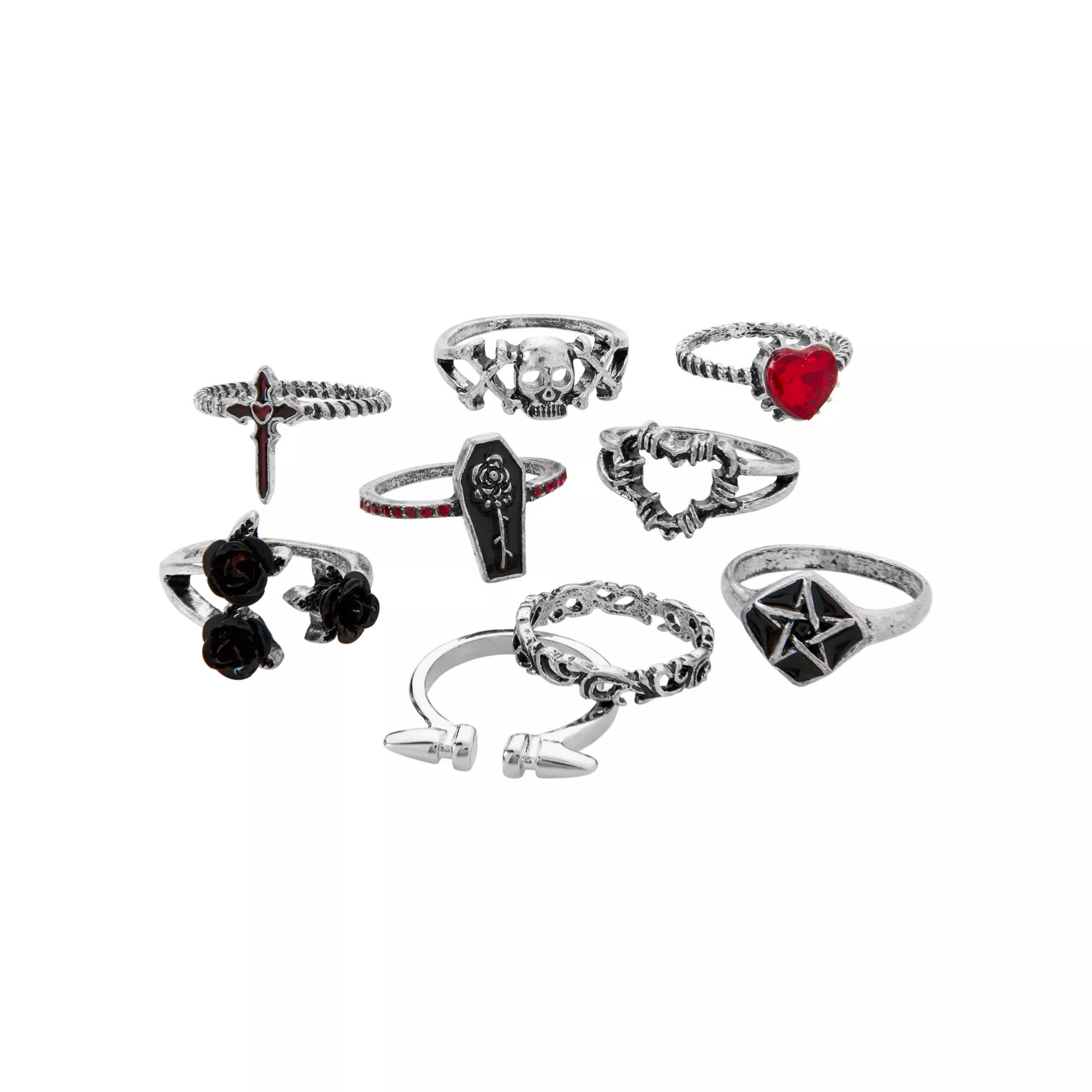 Coffin Sword Rose Assorted Rings - 9 Pack at Spencer's