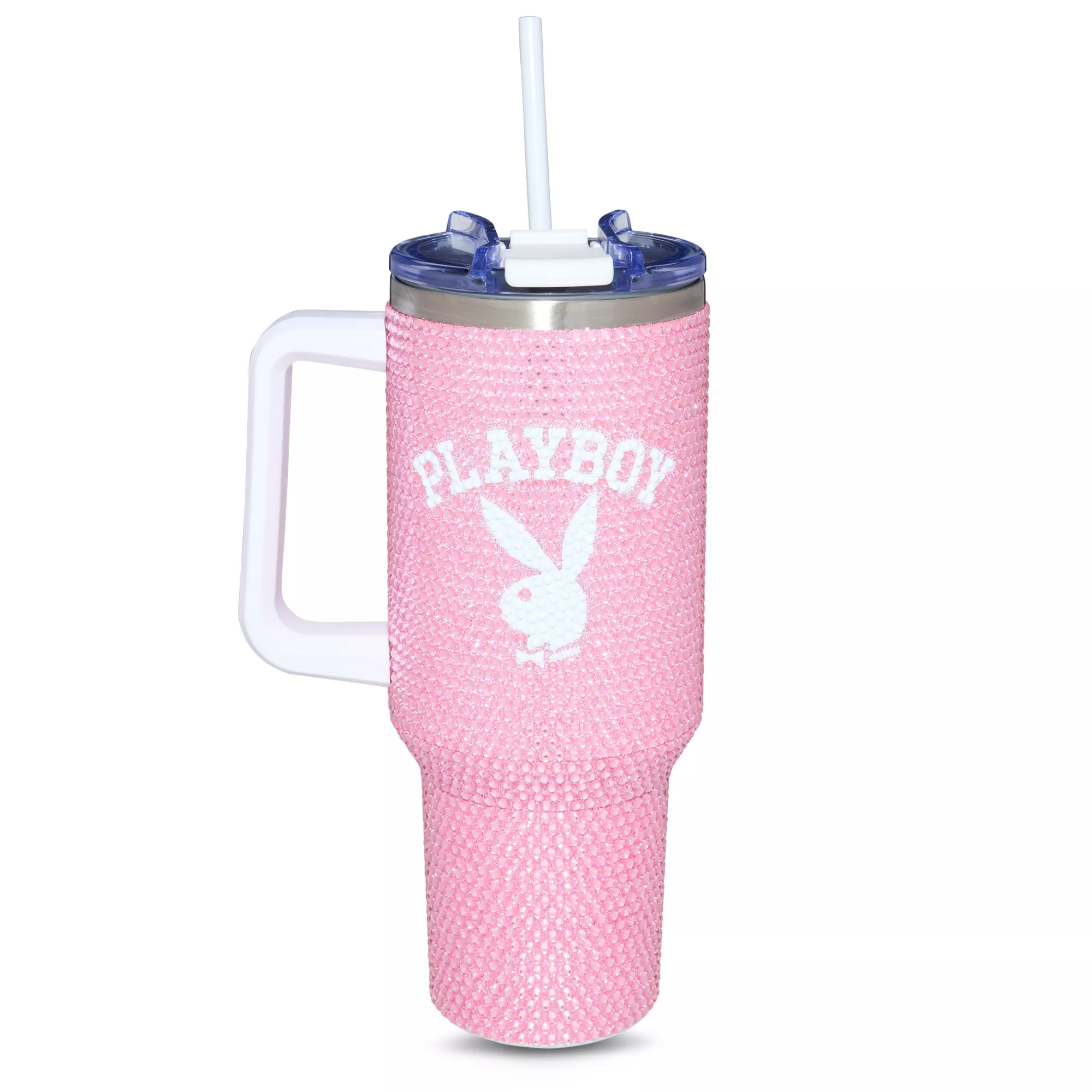 Pink and White Playboy Rhinestone Travel Tumbler with Straw - 40 oz.