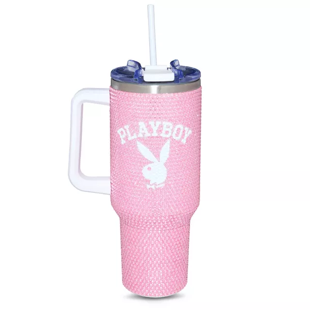Pink and White Playboy Rhinestone Travel Tumbler with Straw - 40 oz. at Spencer's