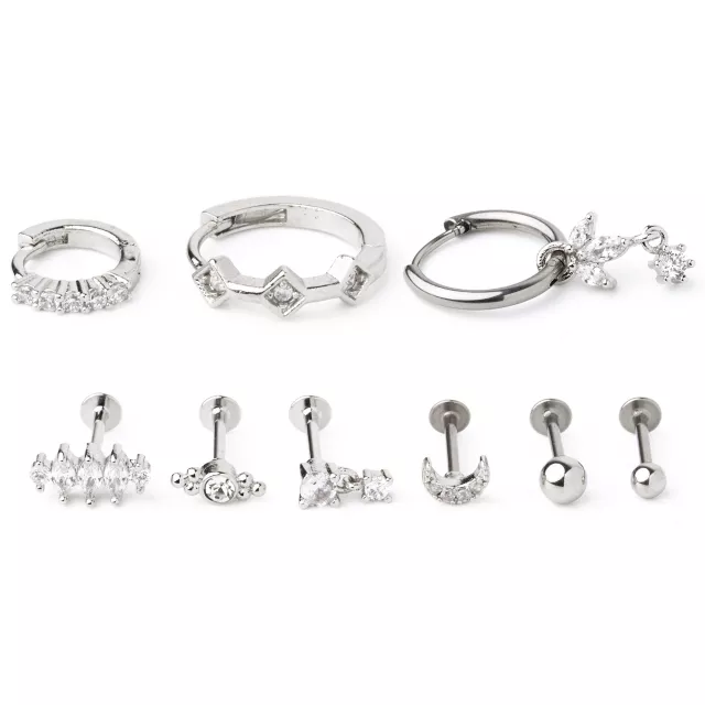 Multi-Pack CZ Moon and Weed Leaf Cartilage Earrings 9 Pack - 18 Gauge