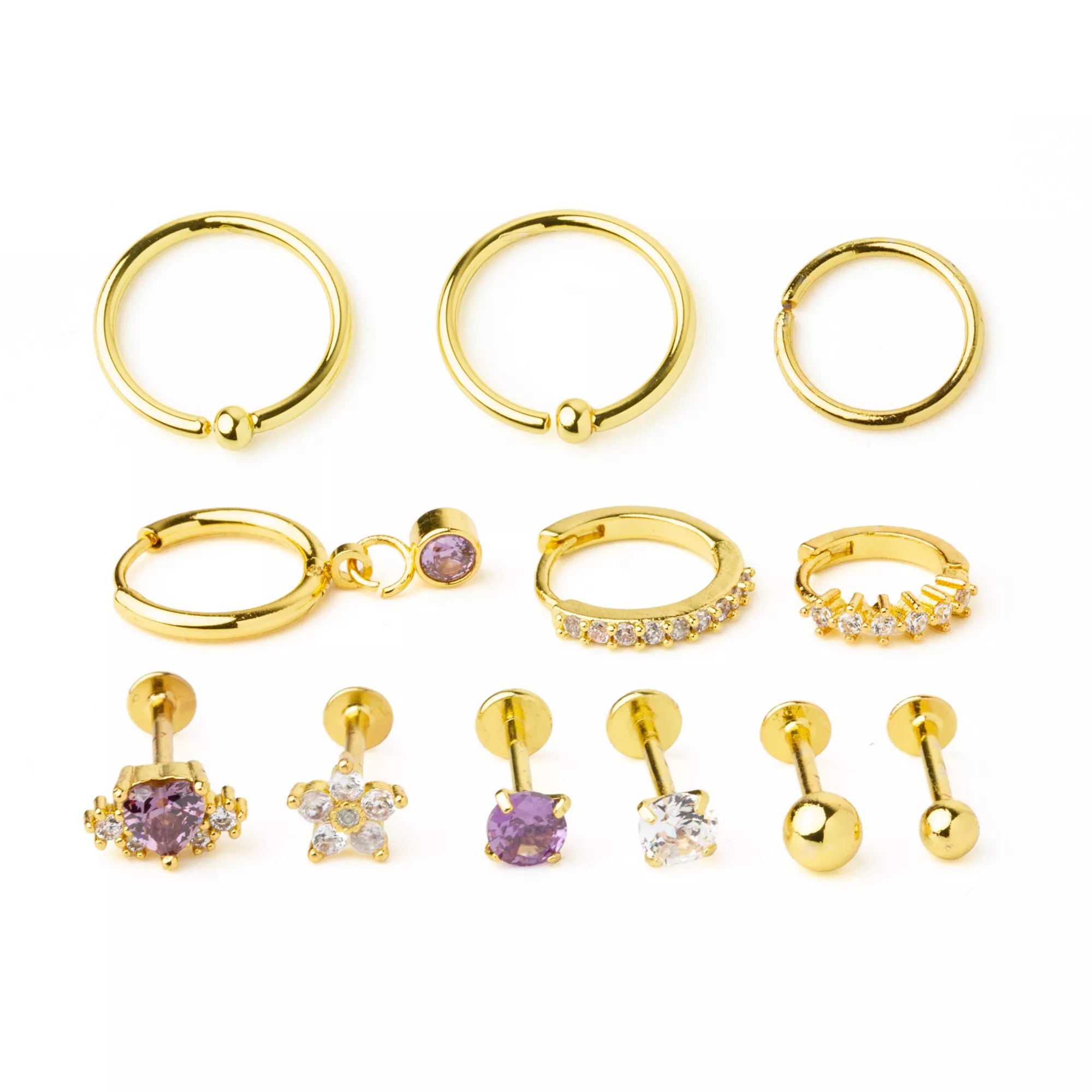 Multi-Pack CZ Purple and Clear Goldtone Cartilage Earrings 12 Pack - 18 Gauge