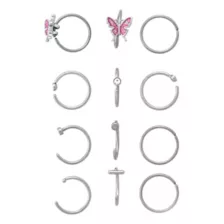 Multi-Pack CZ Pink Butterfly Titanium Hoop and Half Hoop Nose Rings 12 Pack - 20 Gauge at Spencer's