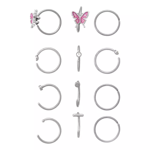 Multi-Pack CZ Pink Butterfly Titanium Hoop and Half Hoop Nose Rings 12 Pack - 20 Gauge at Spencer's