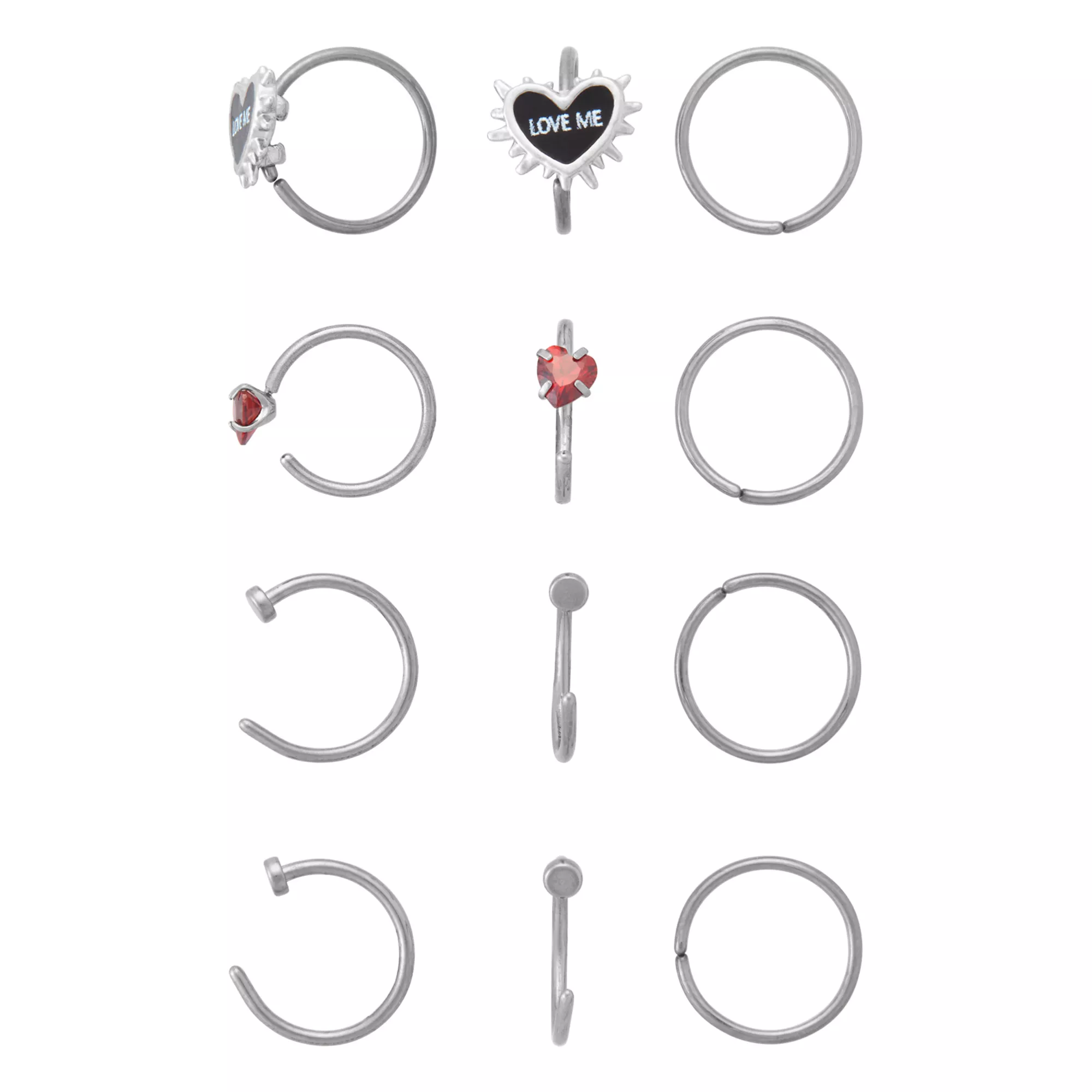 Multi-Pack CZ Heart Love Me Titanium Hoop and Half Hoop Nose Rings 12 Pack - 20 Gauge at Spencer's