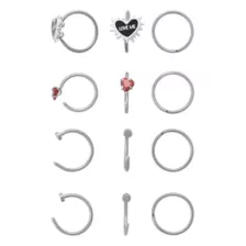 Multi-Pack CZ Heart Love Me Titanium Hoop and Half Hoop Nose Rings 12 Pack - 20 Gauge at Spencer's