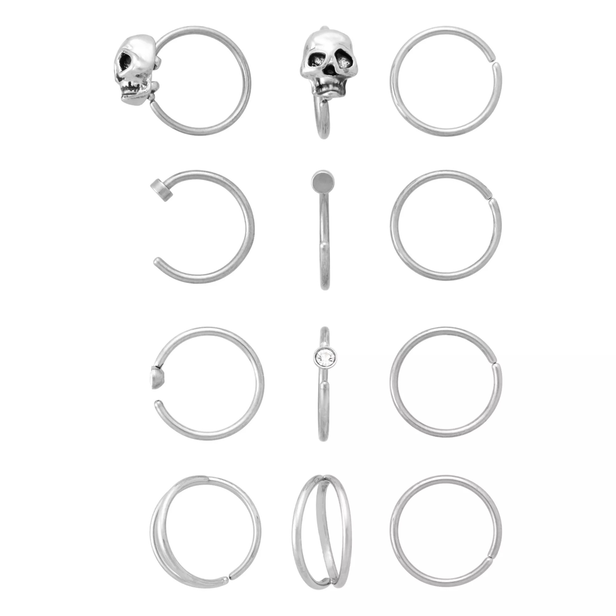 Multi-Pack CZ Skull Titanium Hoop and Half Hoop Nose Rings 12 Pack - 20 Gauge at Spencer's