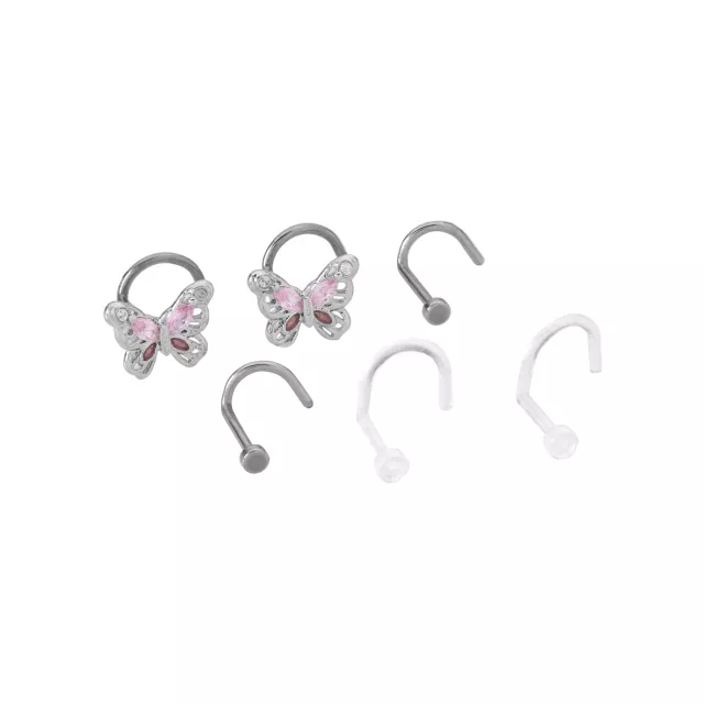 Multi-Pack CZ Pink Butterfly Titanium Screw Nose Rings 6 Pack - 20 Gauge at Spencer's
