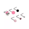 Multi-Pack CZ Pink Skull and Dice L-Bend Nose Rings 6 Pack - 20 Gauge at Spencer's