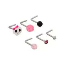 Multi-Pack CZ Pink Skull and Dice L-Bend Nose Rings 6 Pack - 20 Gauge at Spencer's